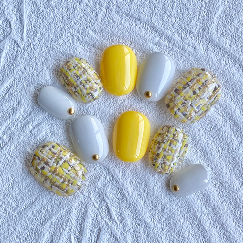 ♡ イエローツイード ネイルチップ ベリーショート♡ ネイルチップ  
