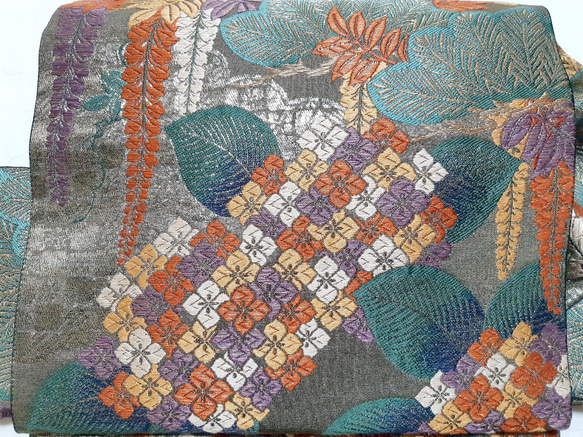 ワンタッチ帯　くらわん帯　正絹袋帯リメイク　濃緑紫陽花藤文様　作り帯　 3枚目の画像