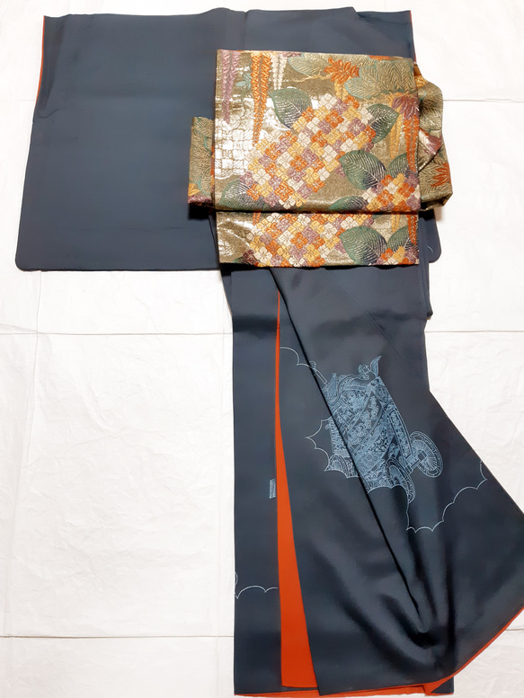 ワンタッチ帯　くらわん帯　正絹袋帯リメイク　濃緑紫陽花藤文様　作り帯　 13枚目の画像