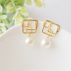 【18KGP】square & pearl pierce / ピアス ゴールド スクエア 母の日 パール 卒業式 入学式 4枚目の画像