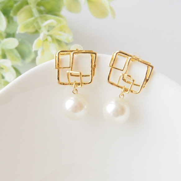 【18KGP】square & pearl pierce / ピアス ゴールド スクエア 母の日 パール 卒業式 入学式 4枚目の画像