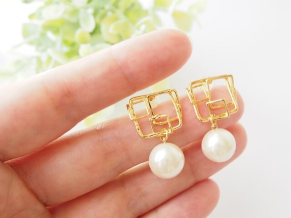 【18KGP】square & pearl pierce / ピアス ゴールド スクエア 母の日 パール 卒業式 入学式 2枚目の画像