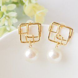 【18KGP】square & pearl pierce / ピアス ゴールド スクエア 母の日 パール 卒業式 入学式 1枚目の画像