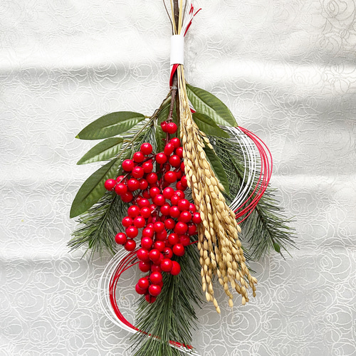 生花•予約受付】天然若松の稲穂スワッグ正月飾り 南天 しめ縄飾り 玄関