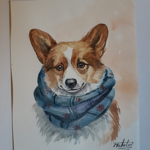 水彩画 防寒コーギードッグ 絵画 makochin 通販 16923970｜Creema