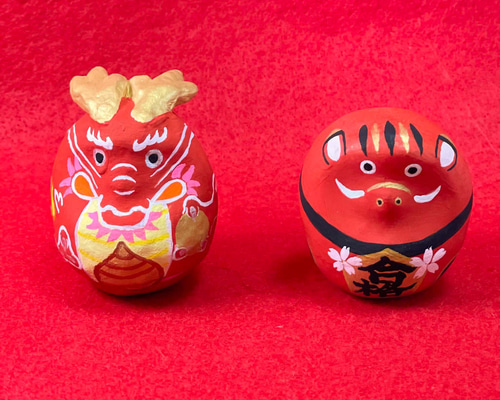 再販・Creema限定】如意 辰 (赤) だるま x 合格 祈願 赤べこ だるま2