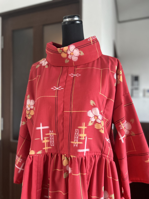 着物リメイク タートルネックのフレアワンピース 着物リメイク タートルネックワンピース