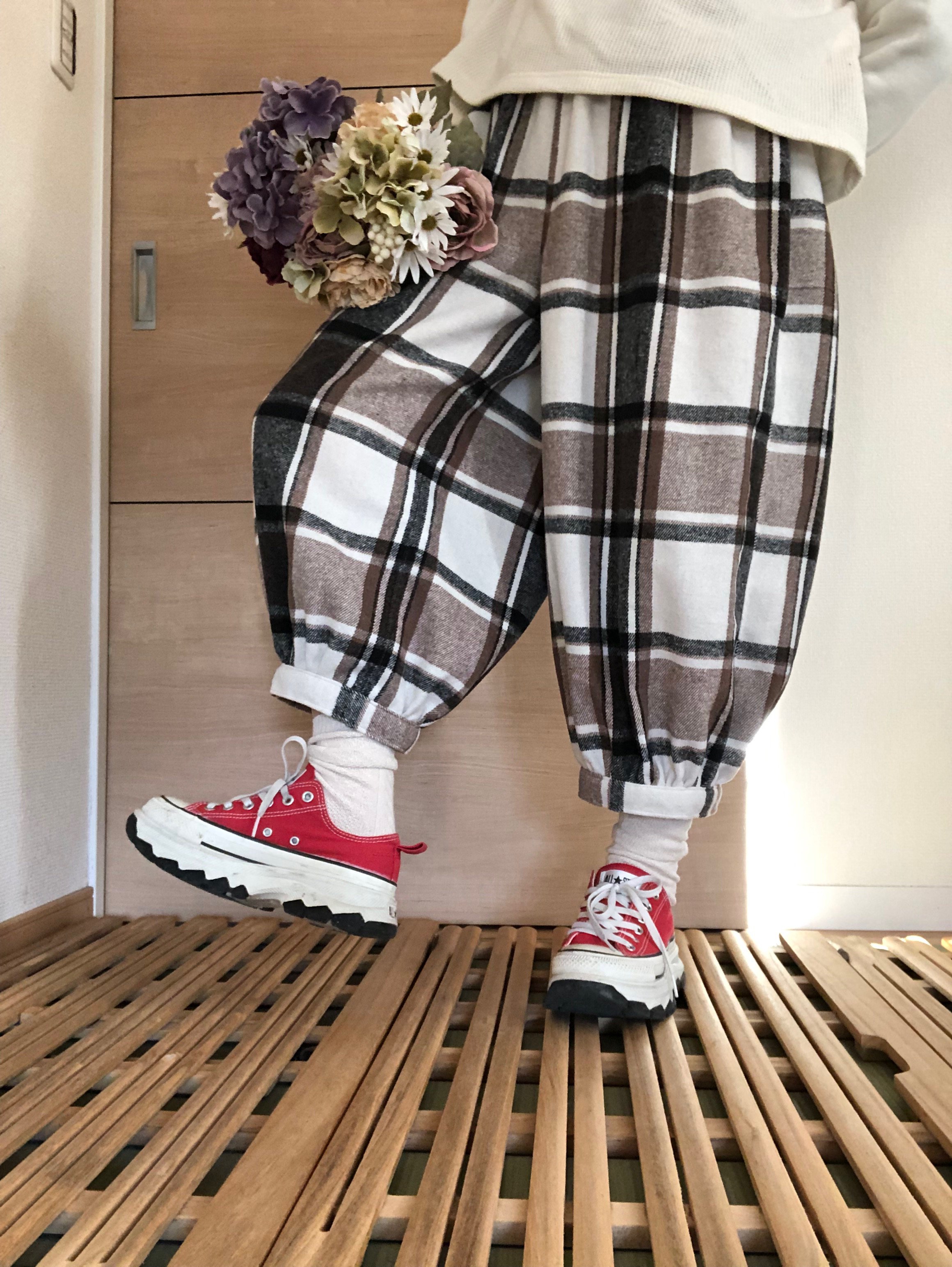 【人気♡定番】大人のバルーンパンツ★起毛チェック☆ブラウン