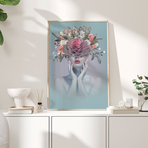 アートポスター ピンクの薔薇と女性 幻想的ポートレート 海外アート