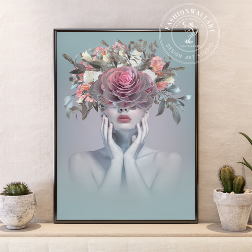 アートパネル　アート　絵画　絵　ポスター　壁掛け　女性　フラワー　グラフィック アートポスター ピンクの薔薇と女性 幻想的ポートレート 海外アート