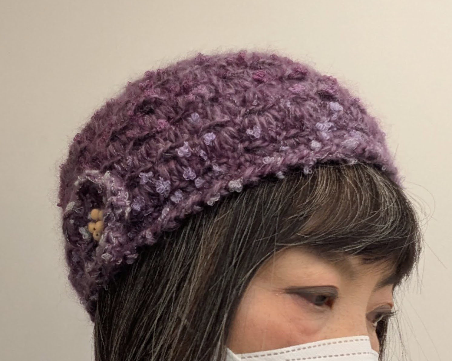 モヘアとファンシーヤーンのふんわり帽子（パープル）