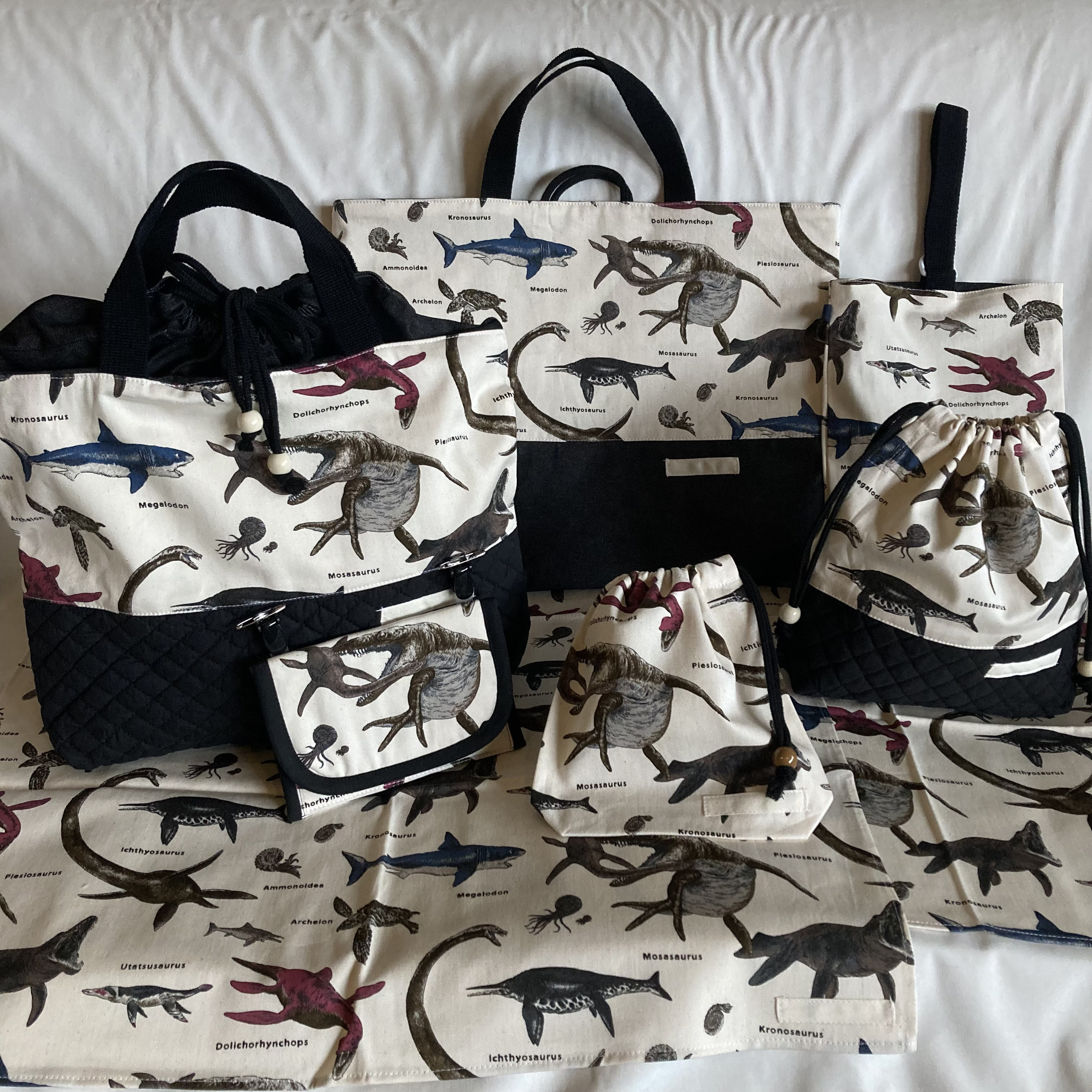 【オーダーOK】入園入学セット01海竜古代生物恐竜深海W★手提げ上履き給食お着替え巾着ランチョンマット移動ポケットモササ