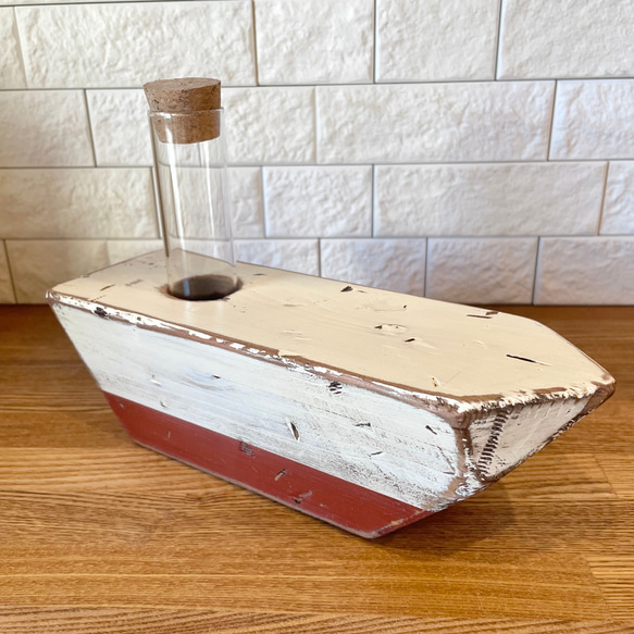 《ガラス管付き》ヴィンテージテイスト木製一輪挿し- 船ship - 3枚目の画像