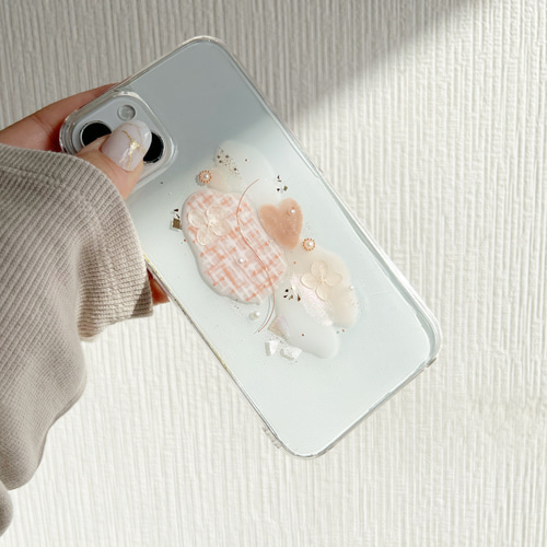 ツイードピンク ニュアンスカラー アナベル 押し花スマホケース