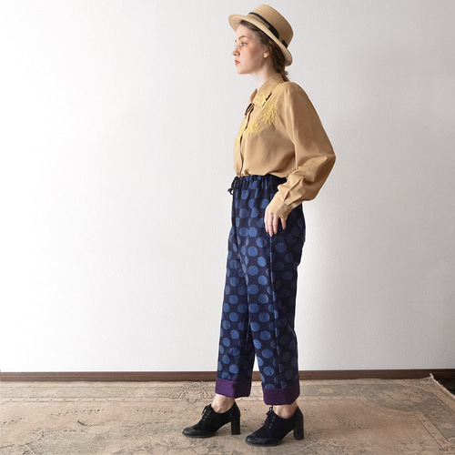極美品✨Drawer ジャガードパンツ ドット 水玉 シルク混 光沢 38 ロールアップ専用パンツ！カラータイツで冬のオシャレに彩りを