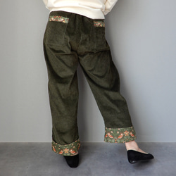 【残り1本】ロールアップ専用パンツ！ウィリアムモリス ゆったり履ける コーデュロイ パンツ いちご泥棒 カーキ 9枚目の画像