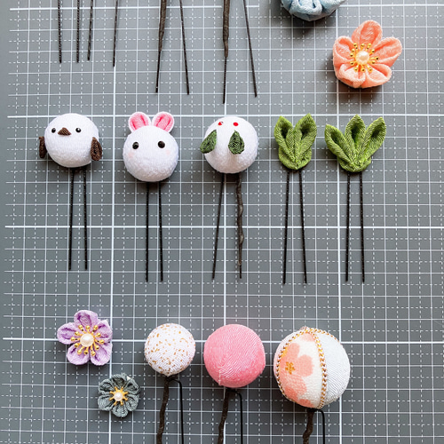 つまみ細工パーツ9個と水引き2個セット ちりめん髪飾り セット 鶴