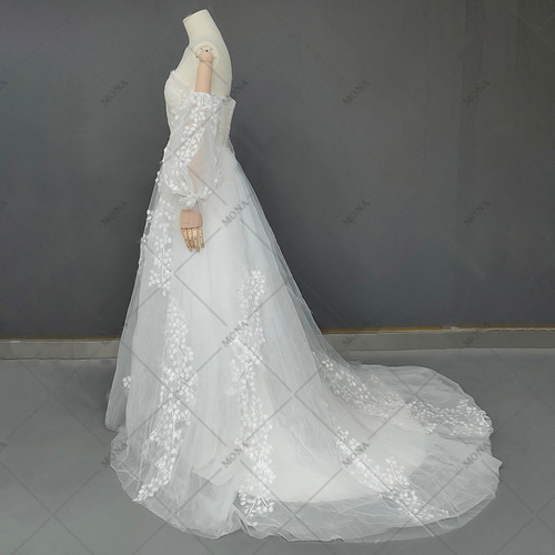 上品 取り外し袖 長いトレーン ウェディングドレス Aラインドレス 754  