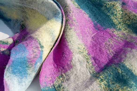 ウールフェルトスカーフ/ウェットフェルトスカーフ/水彩芸術スカーフ/ウールグラデーションスカーフ-トロピカルフルーツティーメリノ 17枚目の画像
