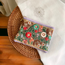 インド刺繍×帆布/ティッシュポーチ〈チュールレース お花柄〉 1枚目の画像