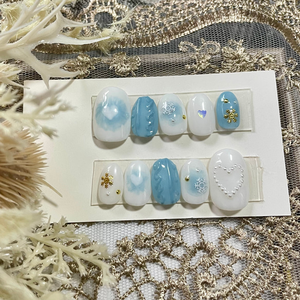 サイズオーダー♡冬のチーク×ニットネイルチップ ブルー size order  