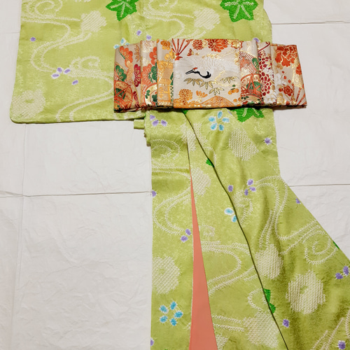 ワンタッチ帯 くらわん帯 アンティーク正絹丸帯リメイク 鶴御所車鼓