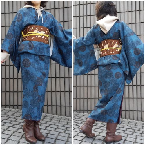 ワンタッチ帯 くらわん帯 アンティーク正絹丸帯リメイク 鶴御所車鼓