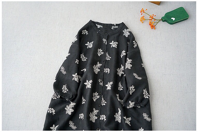 ★感謝SALE★リネン100%総刺クルミ釦ポケット付きゆったり着られる八分袖ロングワンピース♪