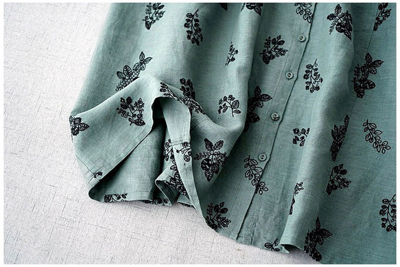 リネン100%総刺クルミ釦ポケット付きゆったり着られる八分袖ロングワンピース♪ 5枚目の画像