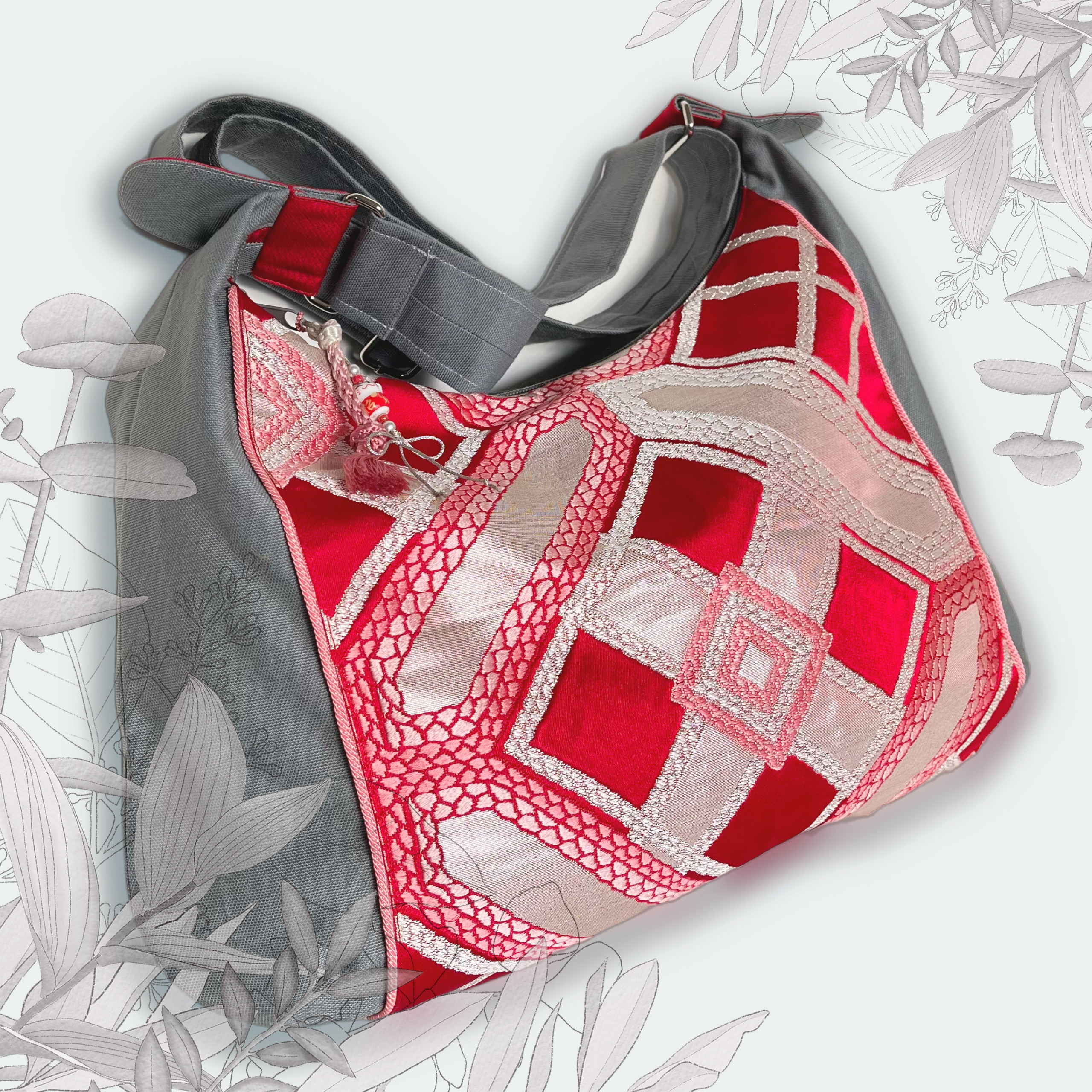 レアなアーガイルチェックの帯でリメイクの、2-WAY キュートな斜めがけメッセンジャーバッグ、ショルダーバッグ