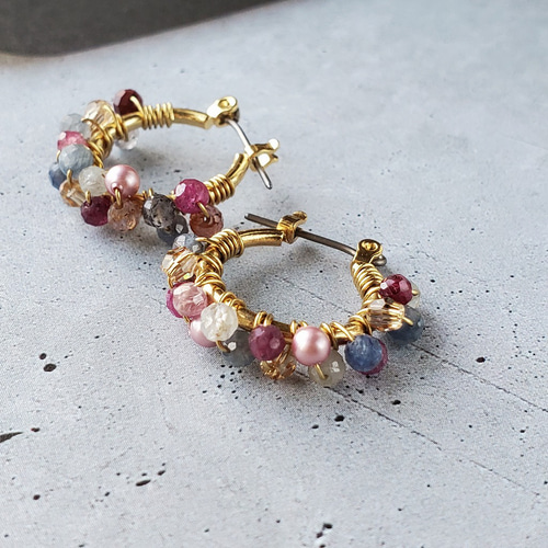 ✧天然石✧サファイア マルチカラー 2連フープピアス／イヤリング
