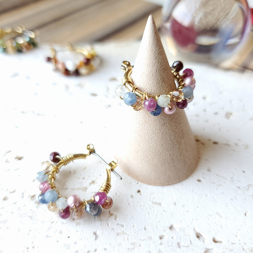 ✧天然石✧サファイア マルチカラー 2連フープピアス／イヤリング