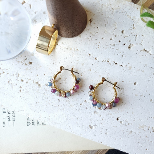 ✧天然石✧サファイア マルチカラー 2連フープピアス／イヤリング