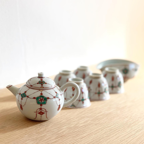 京焼・清水焼】京都 水野春陽窯 赤絵 瓔珞紋 茶器セット(宝瓶 京焼・清水焼】京都 水野春陽窯 赤絵 瓔珞紋 茶器セット(宝瓶