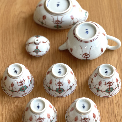 京焼・清水焼】京都 水野春陽窯 赤絵 瓔珞紋 茶器セット(宝瓶 京焼・清水焼】京都 水野春陽窯 赤絵 瓔珞紋 茶器セット(宝瓶