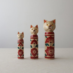 猫一家３匹セット『創作こけし 花模様 ねこけし』猫家族インテリア縁起物 置物X52D 3枚目の画像