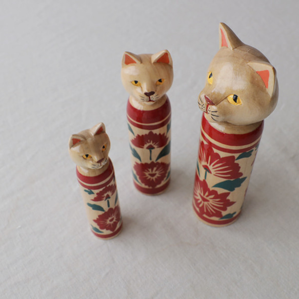 猫一家３匹セット『創作こけし 花模様 ねこけし』猫家族インテリア縁起物 置物X52D 5枚目の画像