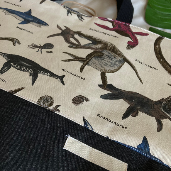 【オーダーOK】床につかない！入園入学レッスンバッグ手提げ絵本袋リバーシブル01海竜古代生物恐竜深海Wアーケロンイクチオ 2枚目の画像