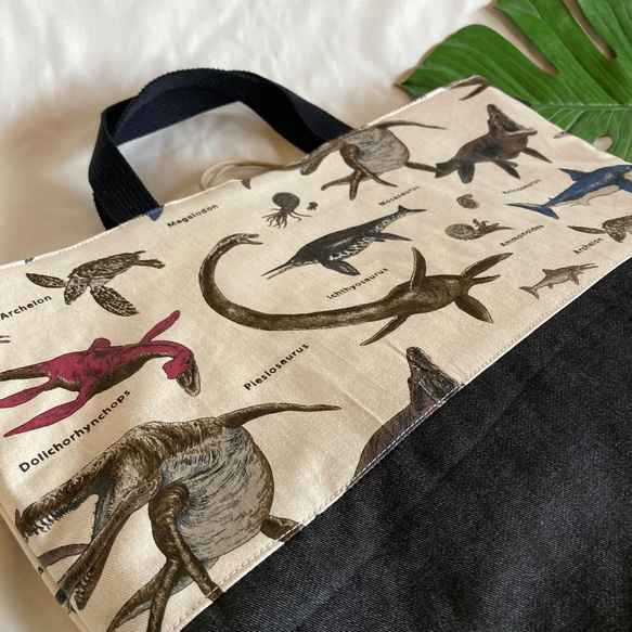 【オーダーOK】床につかない！入園入学レッスンバッグ手提げ絵本袋リバーシブル01海竜古代生物恐竜深海Wアーケロンイクチオ 3枚目の画像