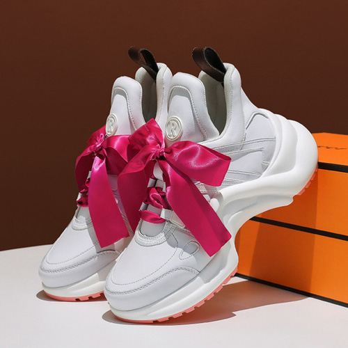 厚底ピンクリボン靴 リボン・弓形底女厚底スニーカー真皮カジュアルシューズ·サイズ