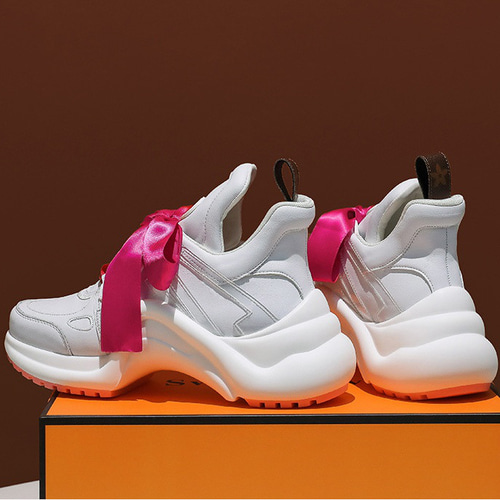 厚底ピンクリボン靴 リボン厚底スニーカー ピンク - メルカリ