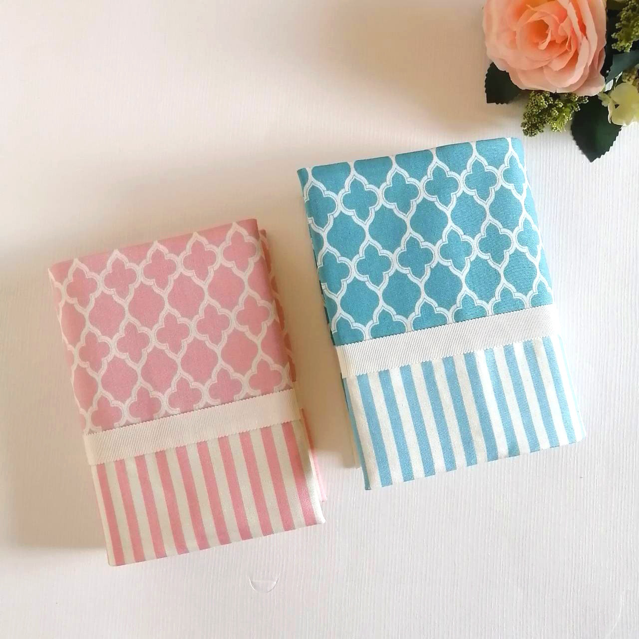 小型聖書カバー&讃美歌カバーセット　上品でかわいいピンク&水色モロッカン柄×ストライプ ブックカバー