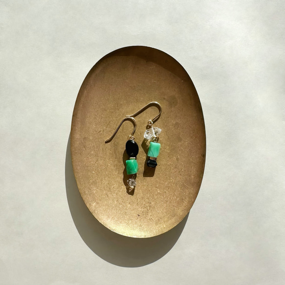 中長耳環/綠＋黑（14Kgf）赫基默鑽石&amp;黑瑪瑙 第6張的照片