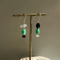 中長耳環/綠＋黑（14Kgf）赫基默鑽石&amp;黑瑪瑙 第7張的照片