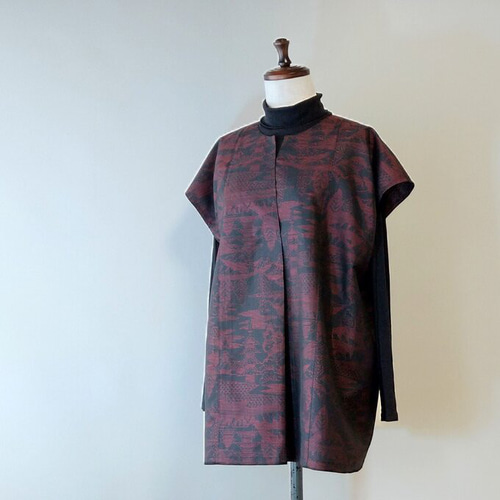 着物リメイクno.2754★木綿絣・大島紬　チュニック 大島紬 チュニック 大島紬リメイクチュニック 着物リメイクno.2754