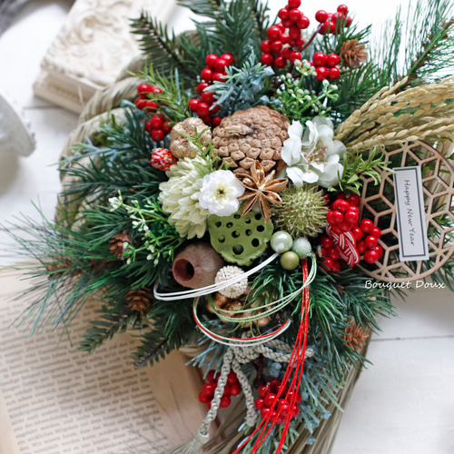 フラワーアレンジメント　お正月飾り　しめ縄リース2点 しめ縄2】お正月飾り しめ縄アレンジ 赤と緑 しめ縄・しめ飾り