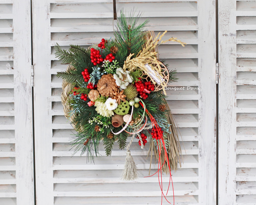 しめ縄2】お正月飾り しめ縄アレンジ 赤と緑 しめ縄・しめ飾り