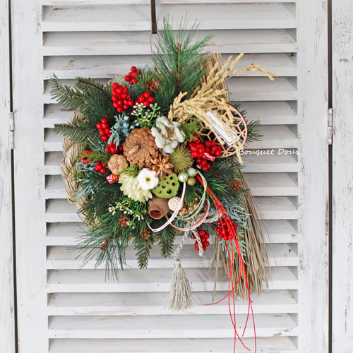 しめ縄2】お正月飾り しめ縄アレンジ 赤と緑 しめ縄・しめ飾り