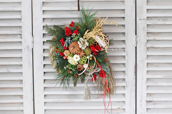 フラワーアレンジメント　お正月飾り　しめ縄リース2点 しめ縄2】お正月飾り しめ縄アレンジ 赤と緑 しめ縄・しめ飾り