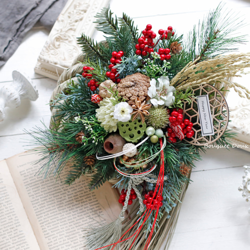しめ縄2】お正月飾り しめ縄アレンジ 赤と緑 しめ縄・しめ飾り